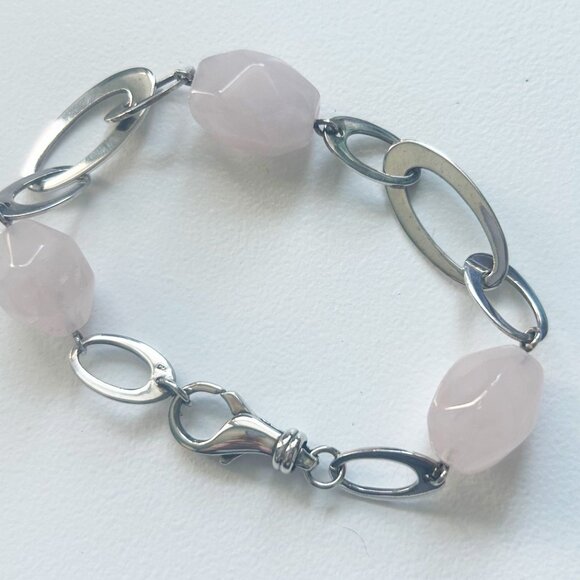 Large Rose Quartz stones and Sterling Silver oval link bracelet - Picture 4 of 5
